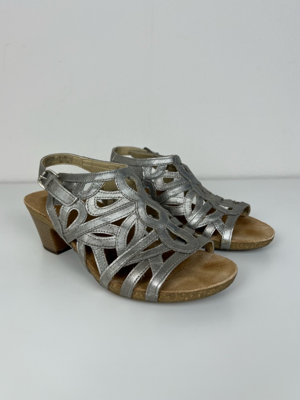 Josef Seibel Boho Silver Metallic Leather Sandals Cutout Slingback Comfort 40